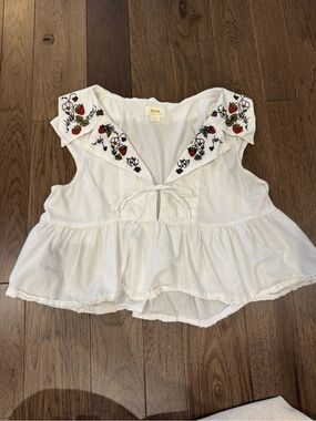 Maeve Anthropologie Strawberry Embroidered Peplum Tie-Front Top